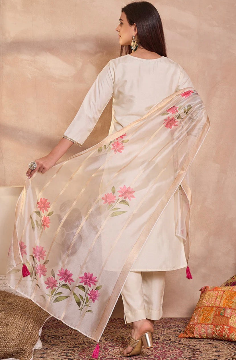Off White Embroidered Silk Blend Kurta Set with Trousers & Dupatta