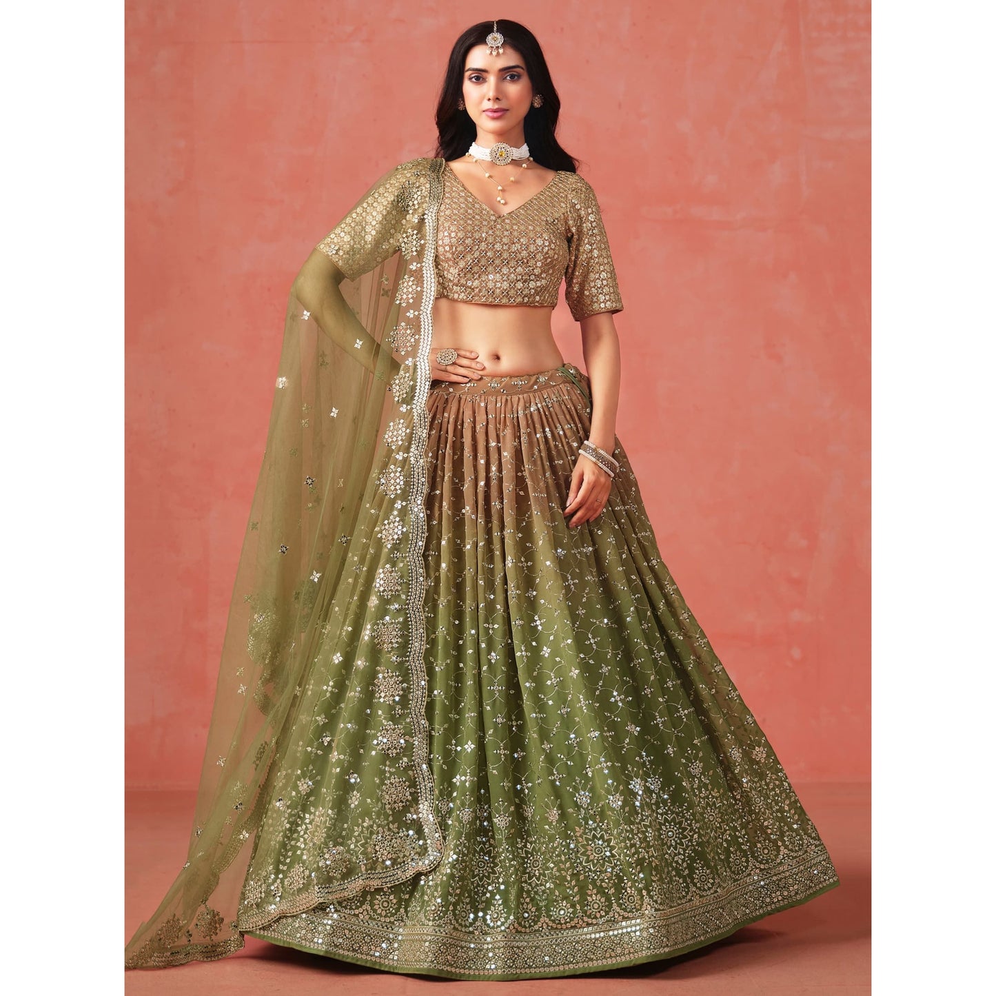 Georgette Lehenga Choli Set with Sequins & Zari Embroidery : Green (Pre Order)