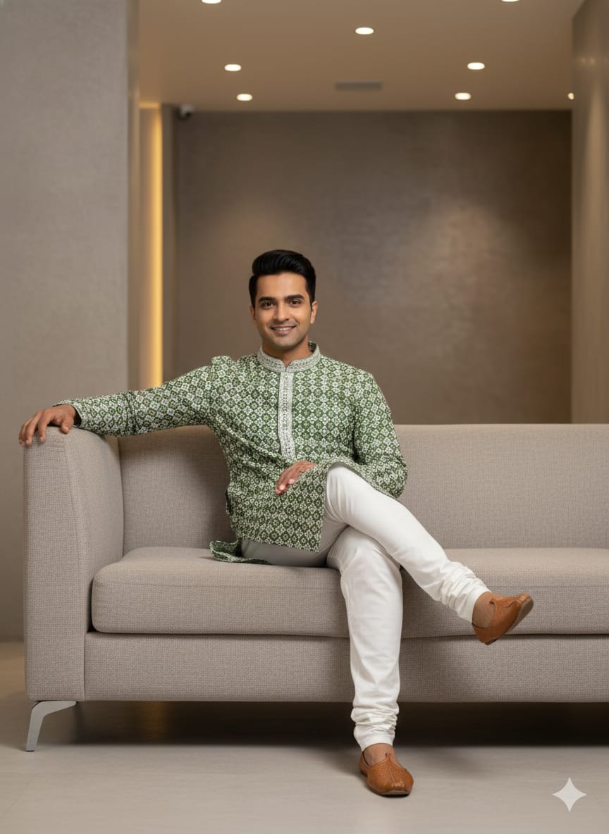 Men’s Chikankari / Sequin Work Kurta Set :Green