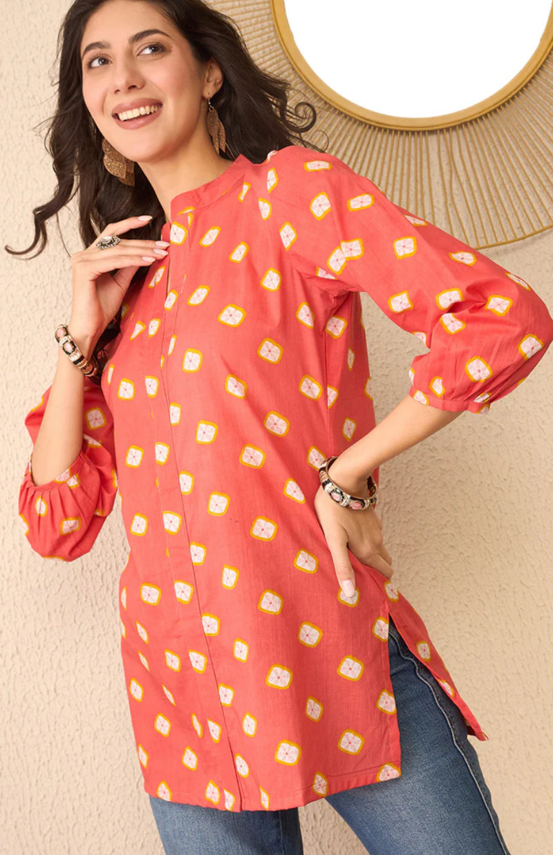 Orange Cotton Blend Shibori Printed Regular Top