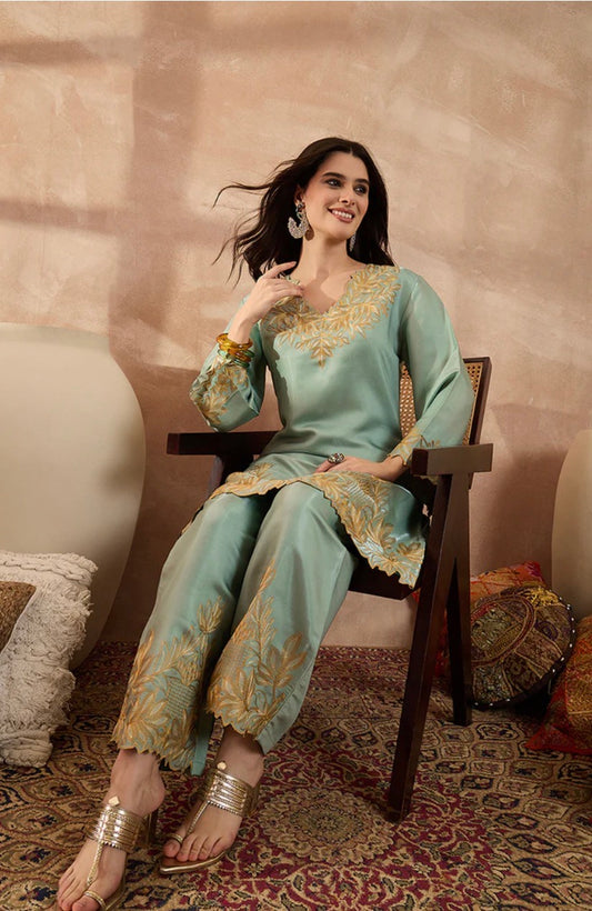 Blue Silk Blend Embroidered Scalloped Coord Set