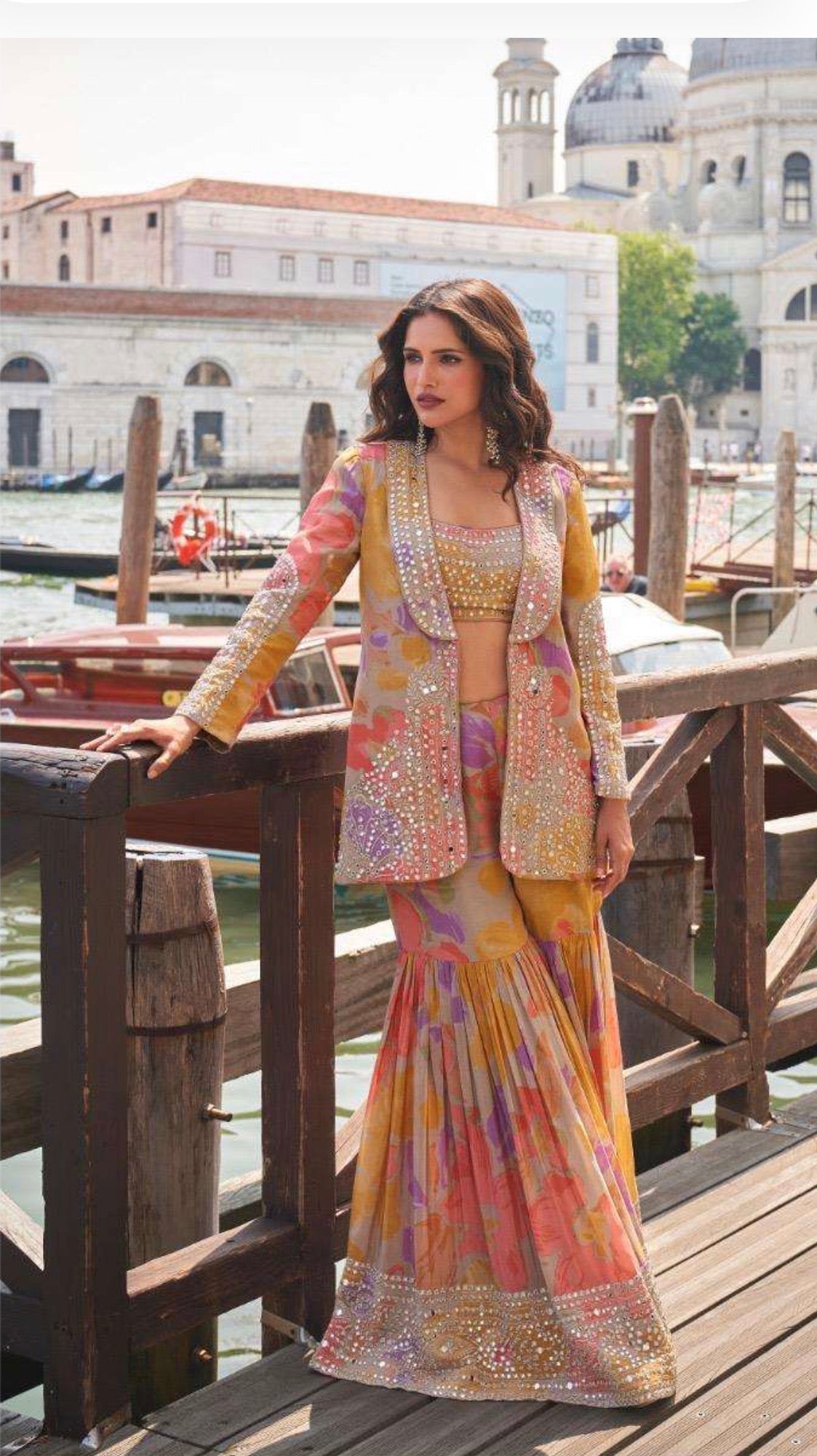 Premium Chinon Silk Embroidered Jacket Gharara Set ✨
