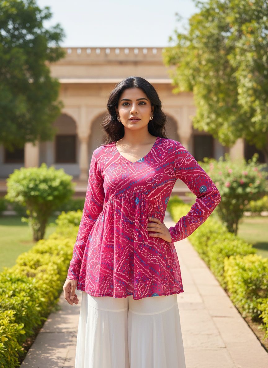 Bandhej Print Georgette Tunic Top – Long Churi Sleeves