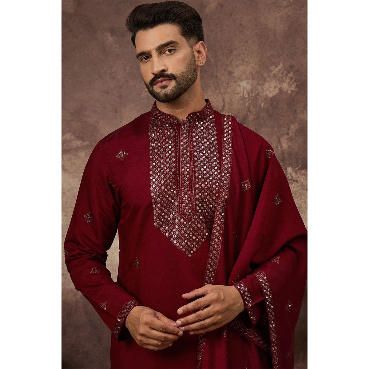 Maroon Silk Blend Embroidered Straight Kurta Trouser with Dupatta