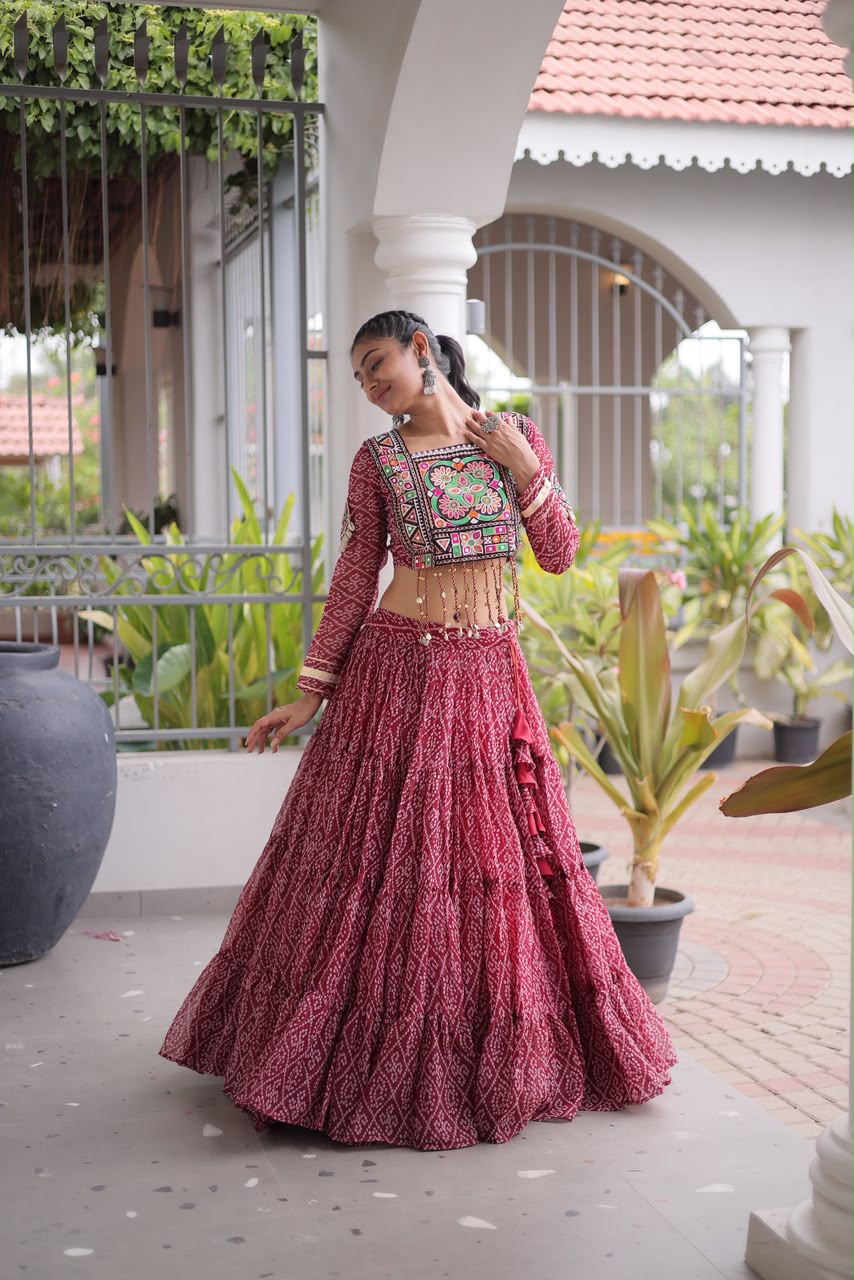 Garba Glow – Bandhani Print Lehenga Choli with Kutchi Patchwork