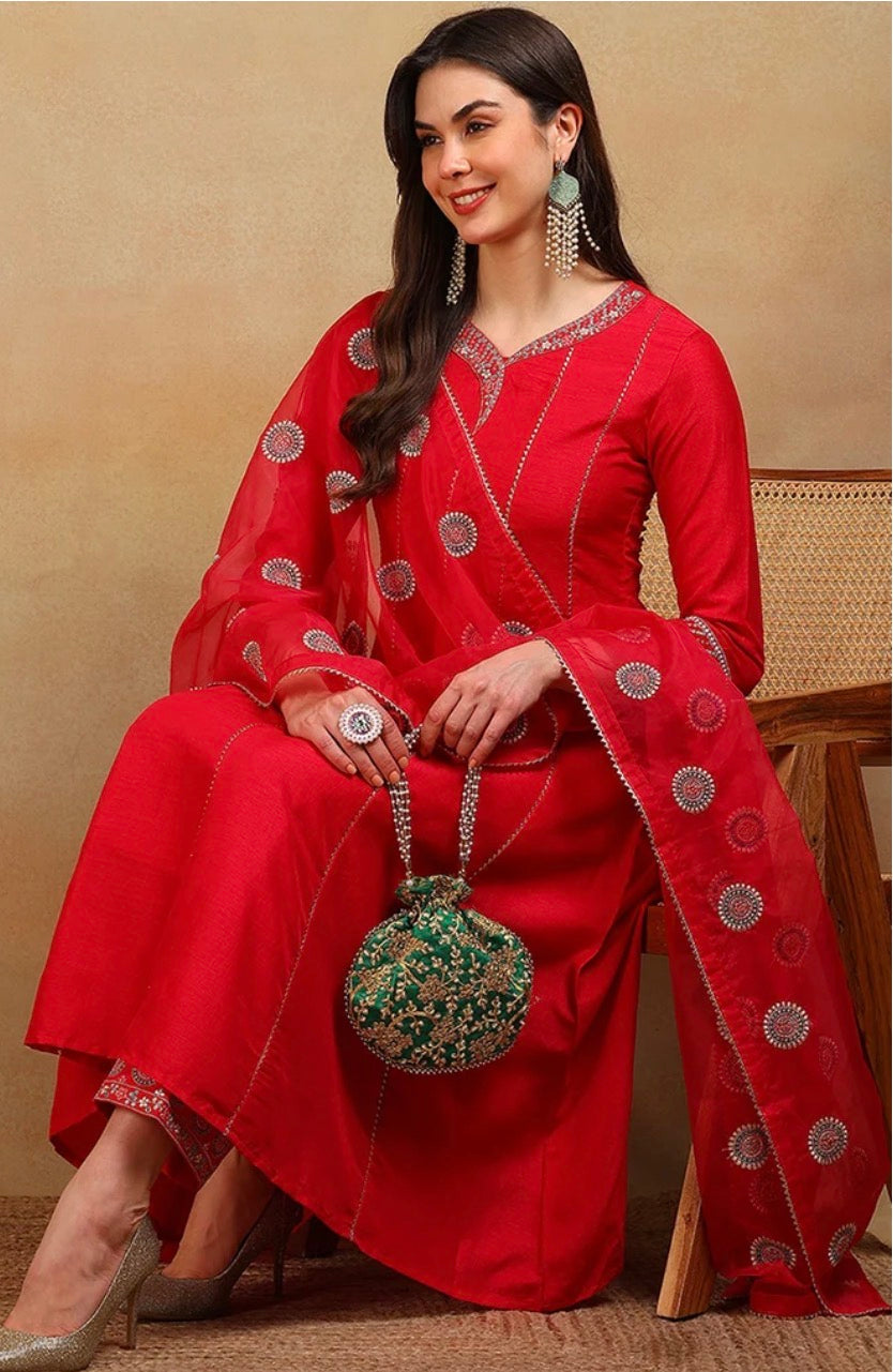 Red Silk Blend Flared Empire Kurta Set