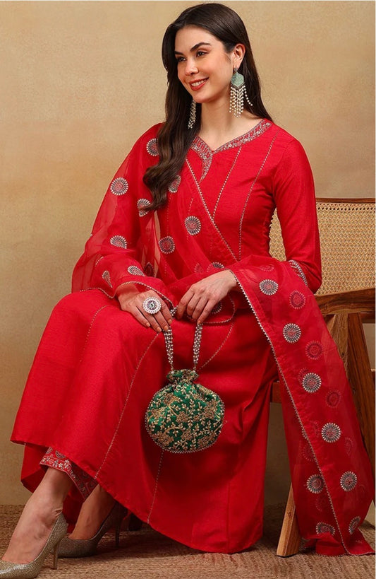 Red Silk Blend Flared Empire Kurta Set