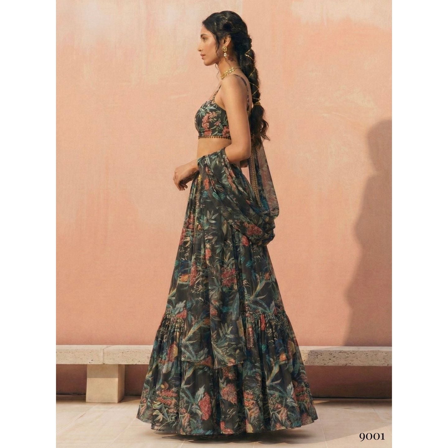 Georgette Printed Readymade Lehenga Set Black (3 Piece)