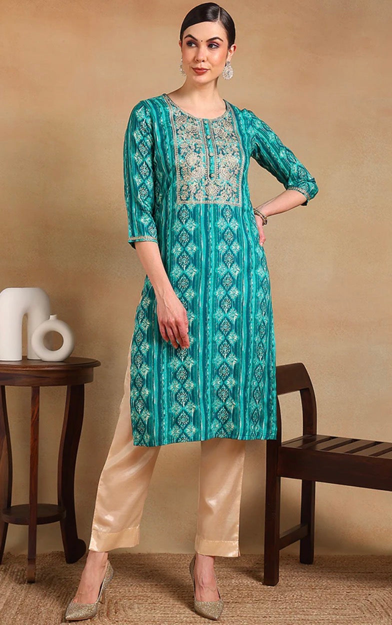 Turquoise Blue Viscose Rayon Ethnic Motifs Printed Straight Kurta