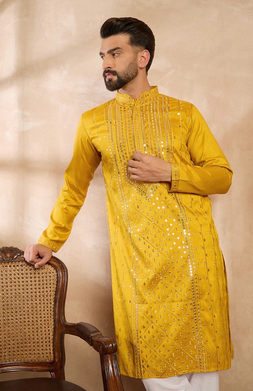 Yellow Silk Blend Geometric Embroidered Straight Kurta