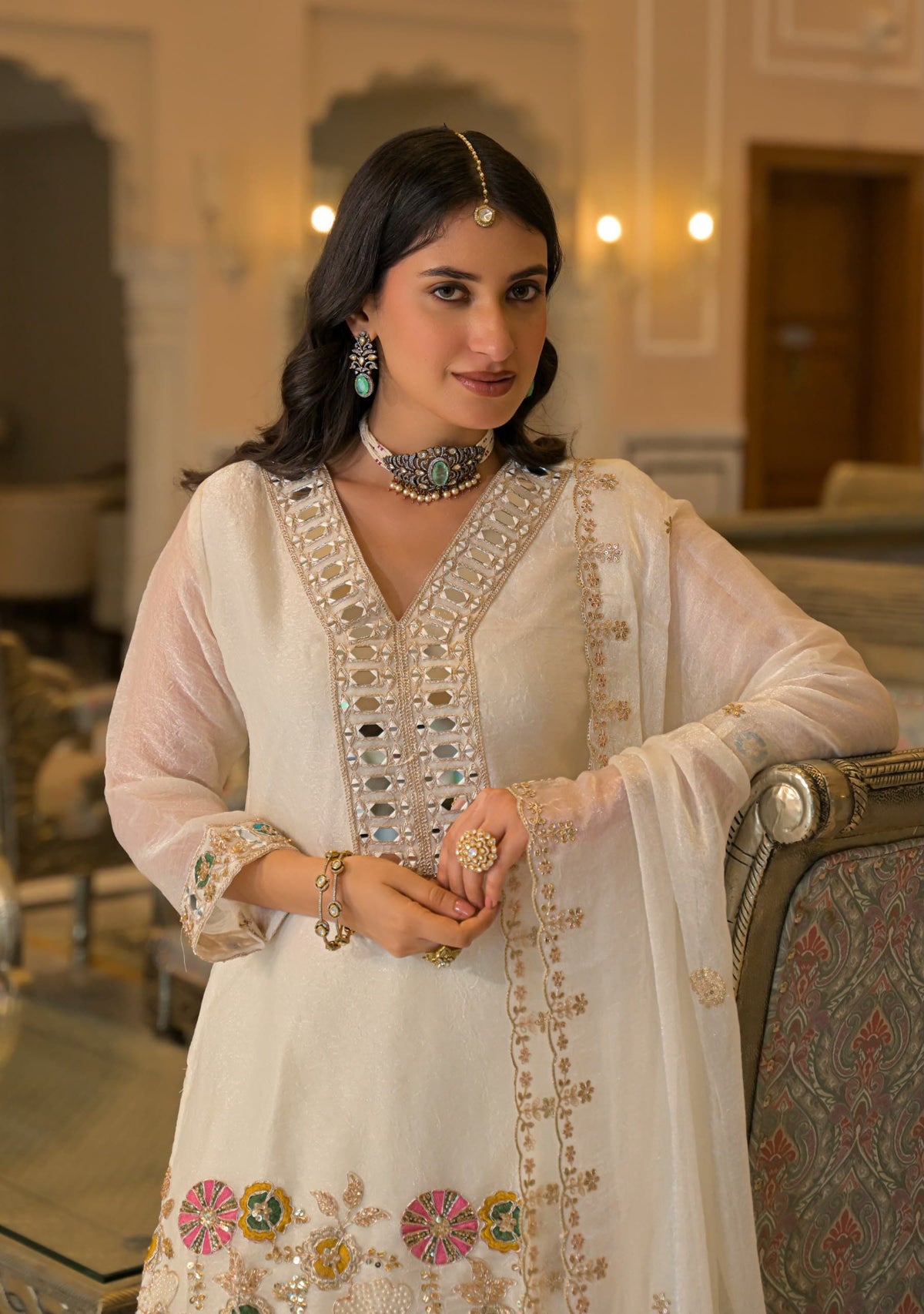 Ivory Crush Satin Mirror Work Palazzo Set