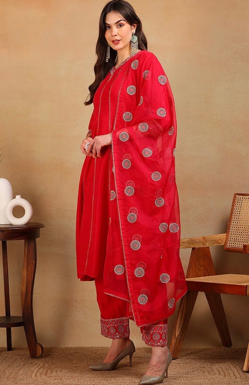 Red Silk Blend Flared Empire Kurta Set
