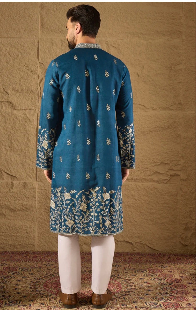 Blue Chanderi Silk Embroidered Straight Kurta