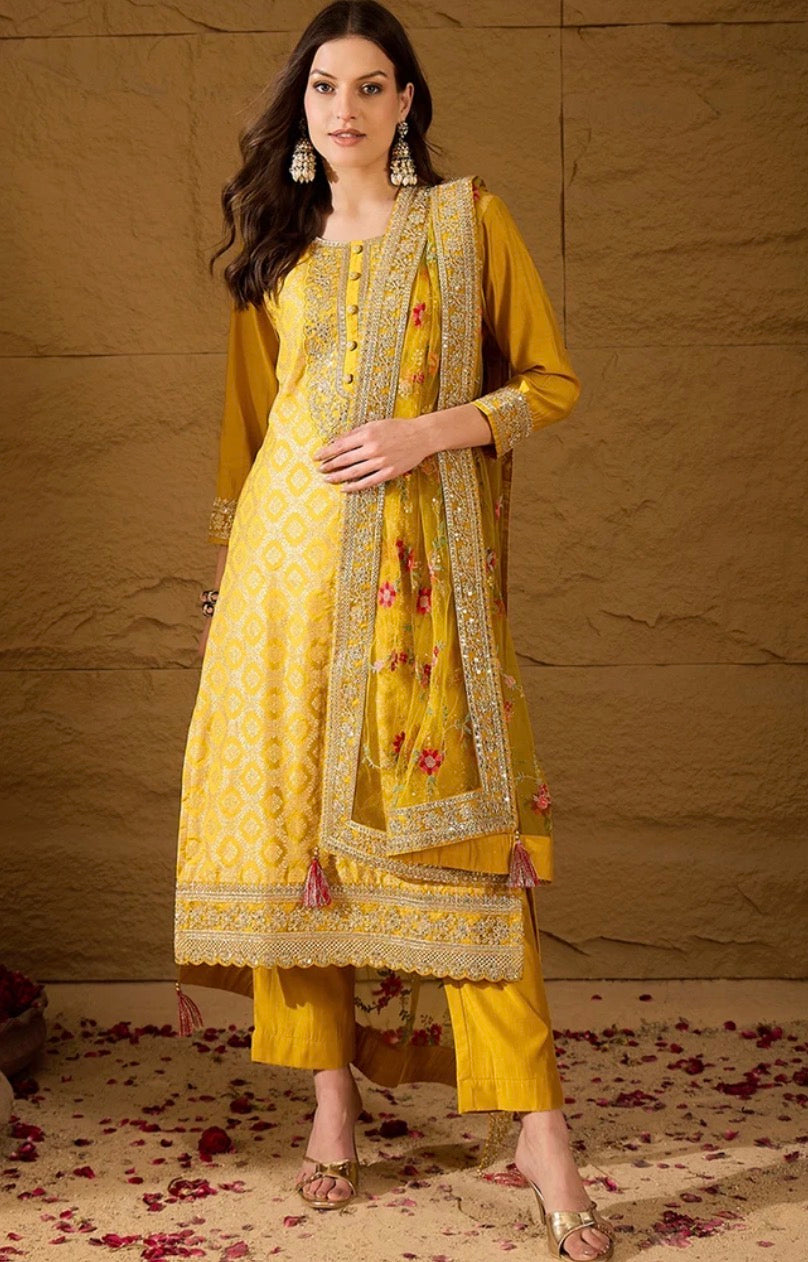 Yellow Silk Blend Kurta Set