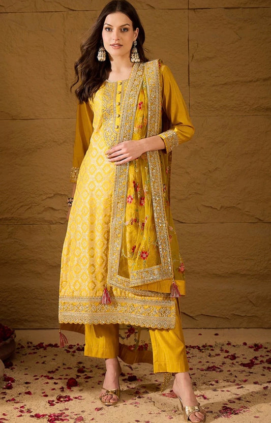 Yellow Silk Blend Kurta Set
