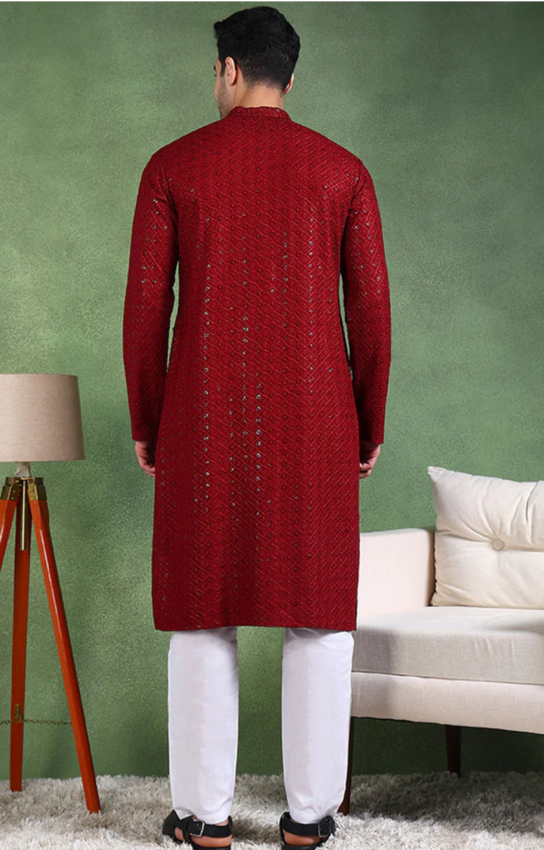 Chikankari Kurta for Men : Maroon
