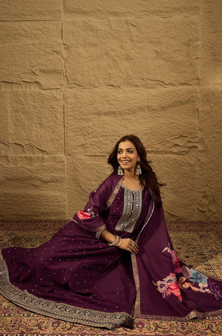 Purple and Gold Embroidered Anarkali Kurta Set