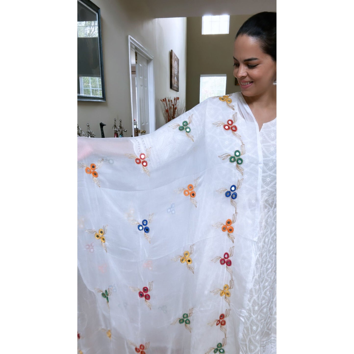 White with Multicolor Thread work Dupatta