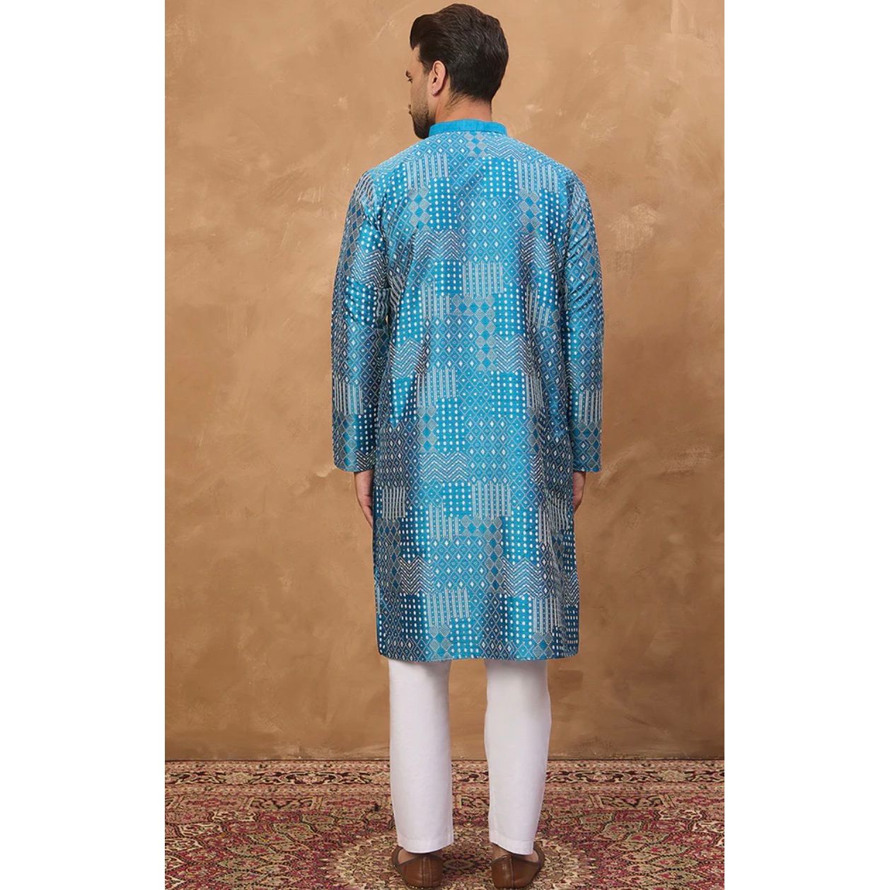 Blue Silk Blend Geometric Printed Straight Kurta – Men’s Ethnic Wear
