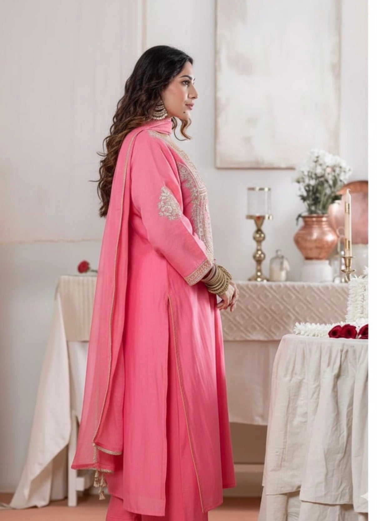 Gold Embroidered Pink Cotton Kurta Set
