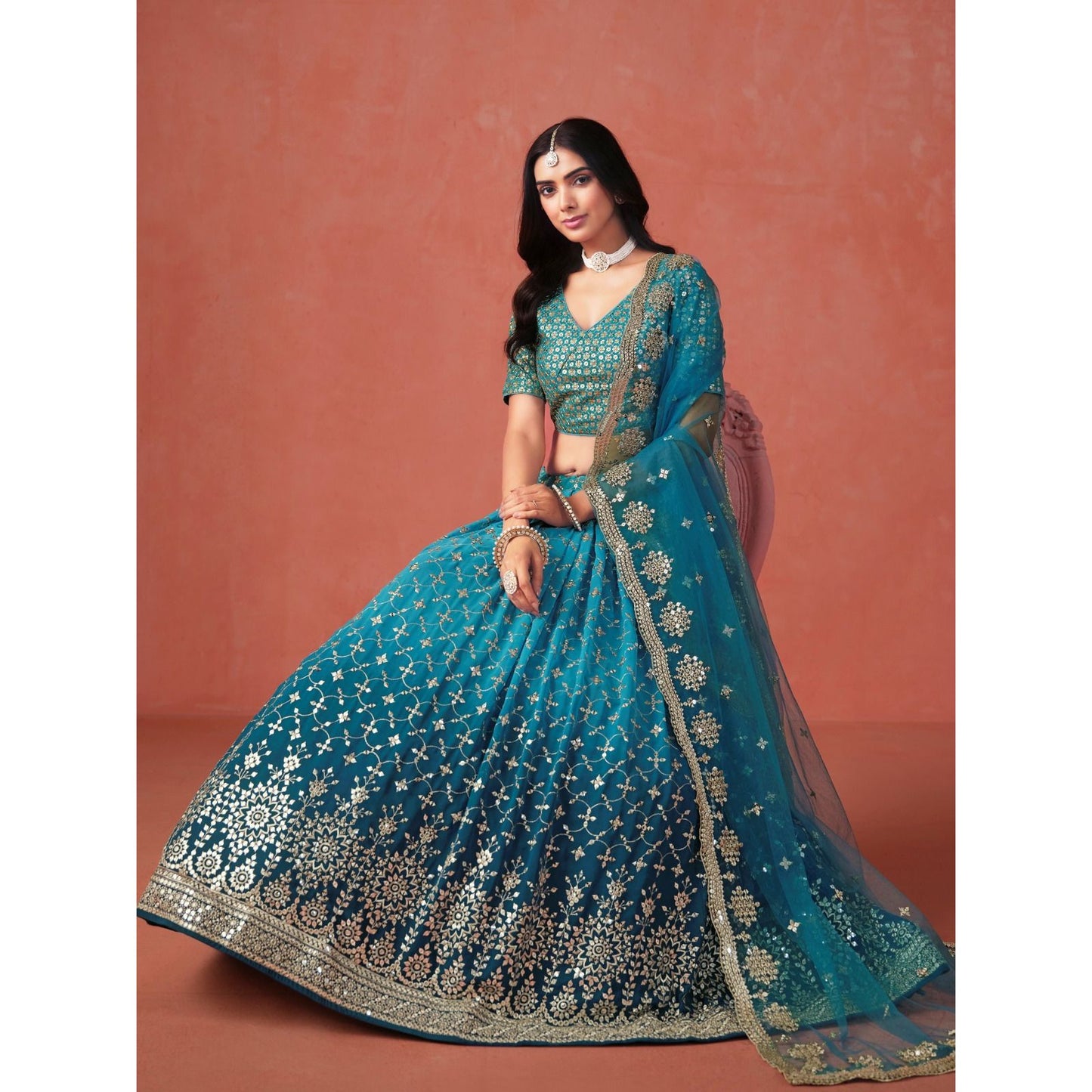 Georgette Sequins Zari Embroidered Lehenga Choli Set (Pre Order Only)