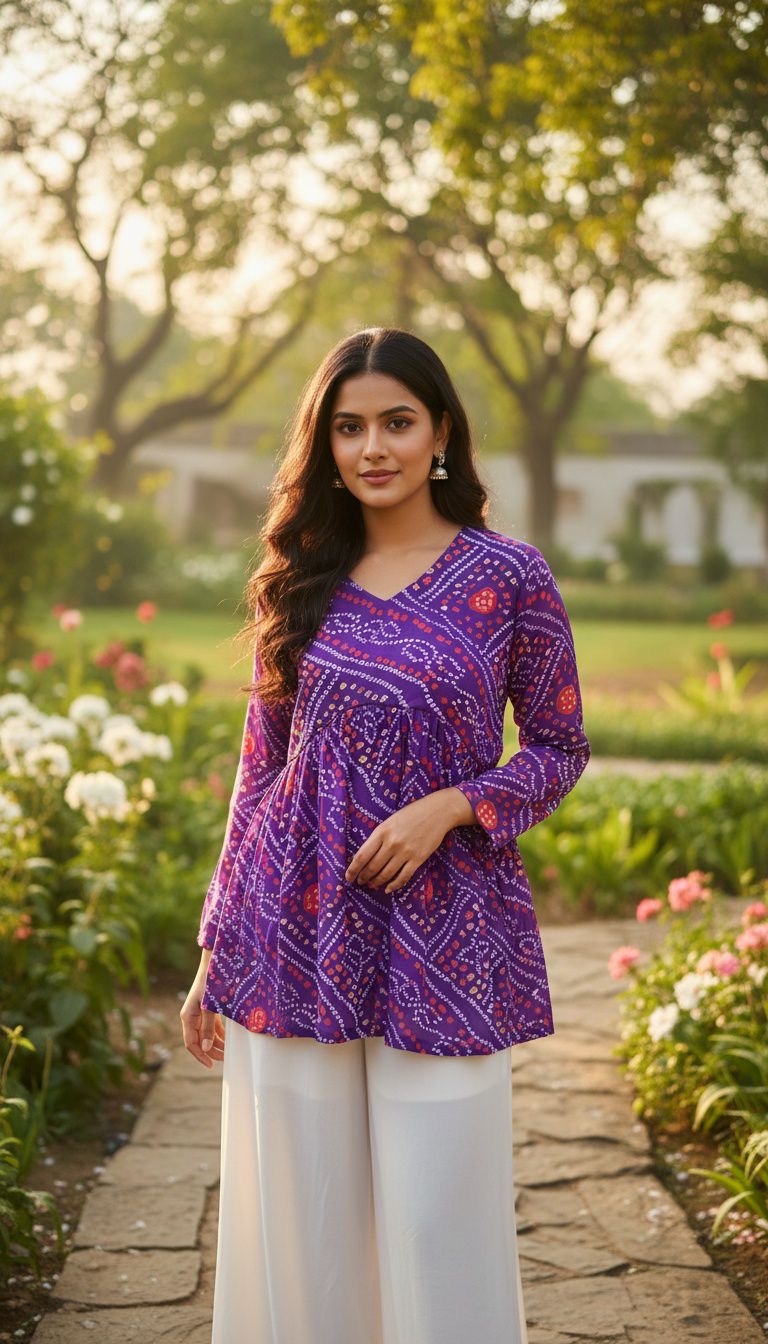 Bandhej Print Georgette Tunic Top – Long Churi Sleeves