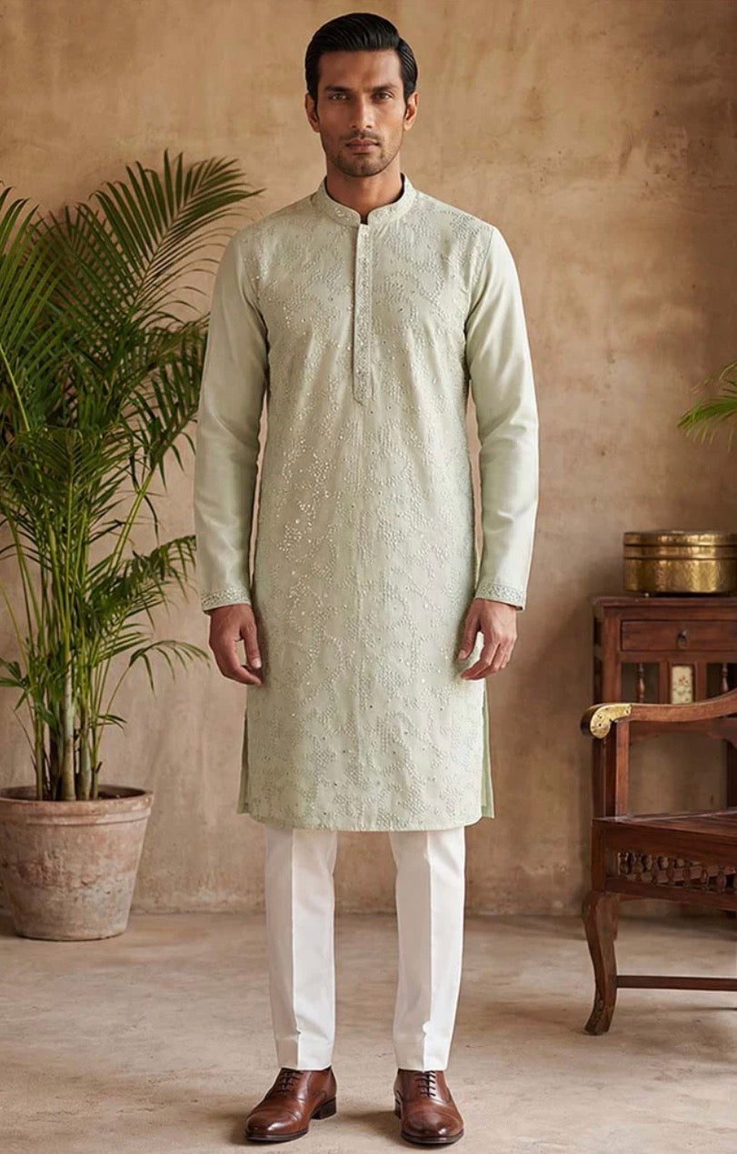 Sage Green Silk Blend Embroidered Straight Kurta for Men | Festive & Wedding Wear
