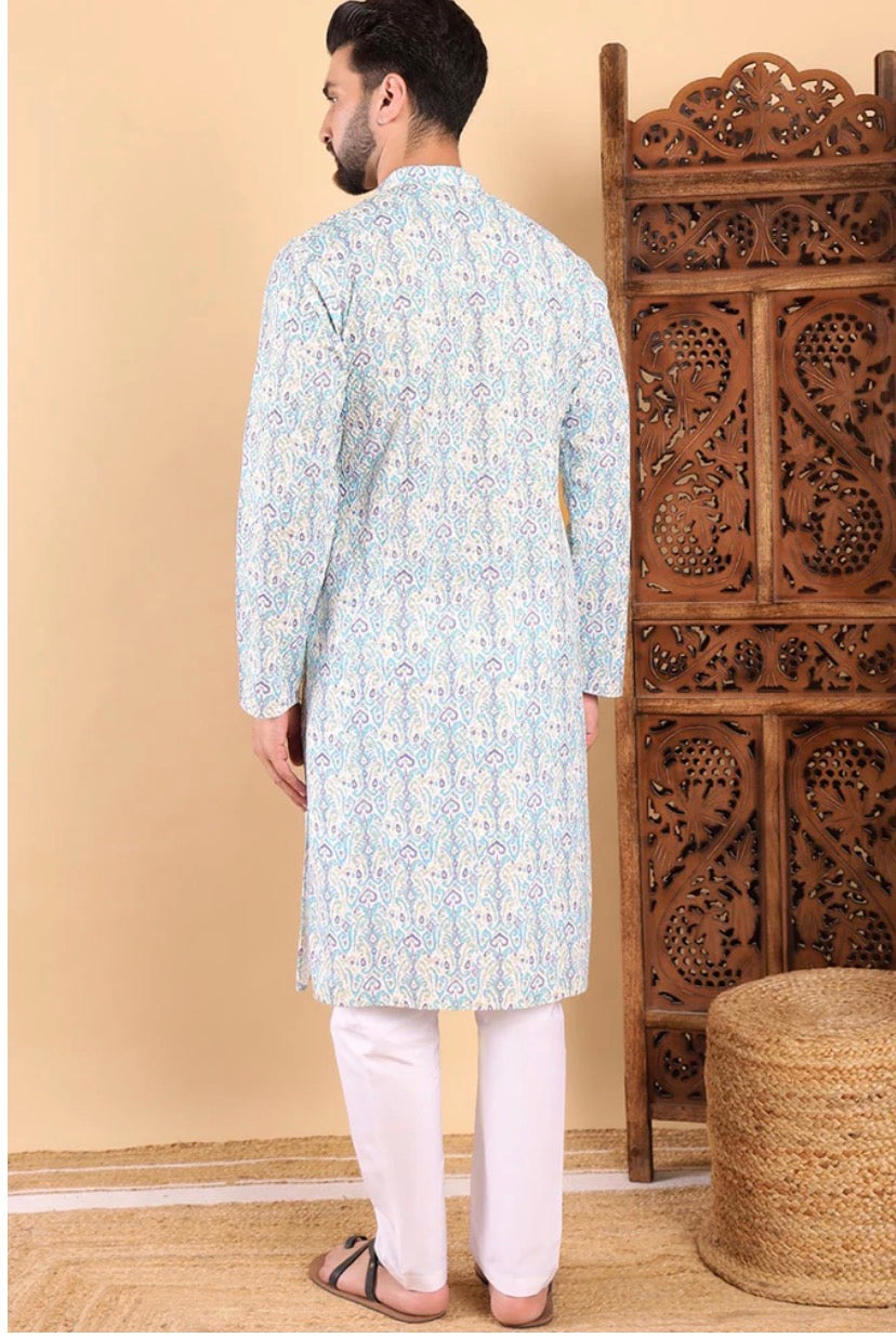 Teal Ethnic Motifs Embroidered Straight Kurta For Men