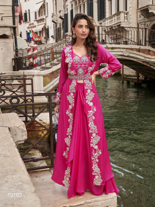 Premium Indo-Western Chinon Silk Palazzo Set with Embroidered Blouse & Shrug Dupatta