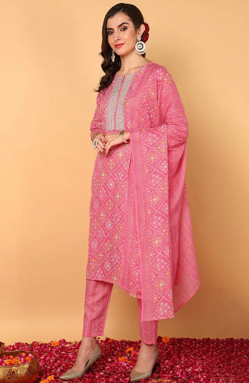 Pink Poly Cotton Bandhani Printed Straight Suit Set