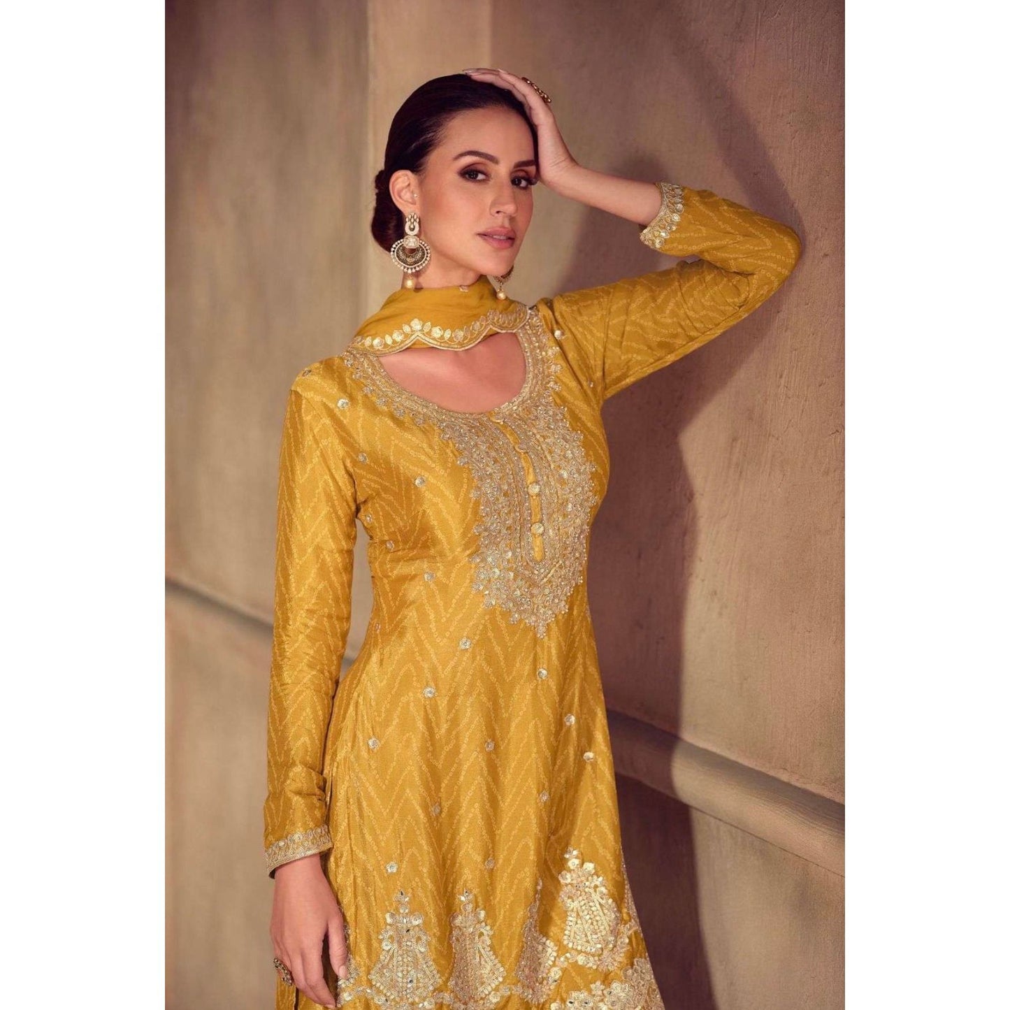 Golden Glow – Mustard Yellow Real Chinon Embroidered Set