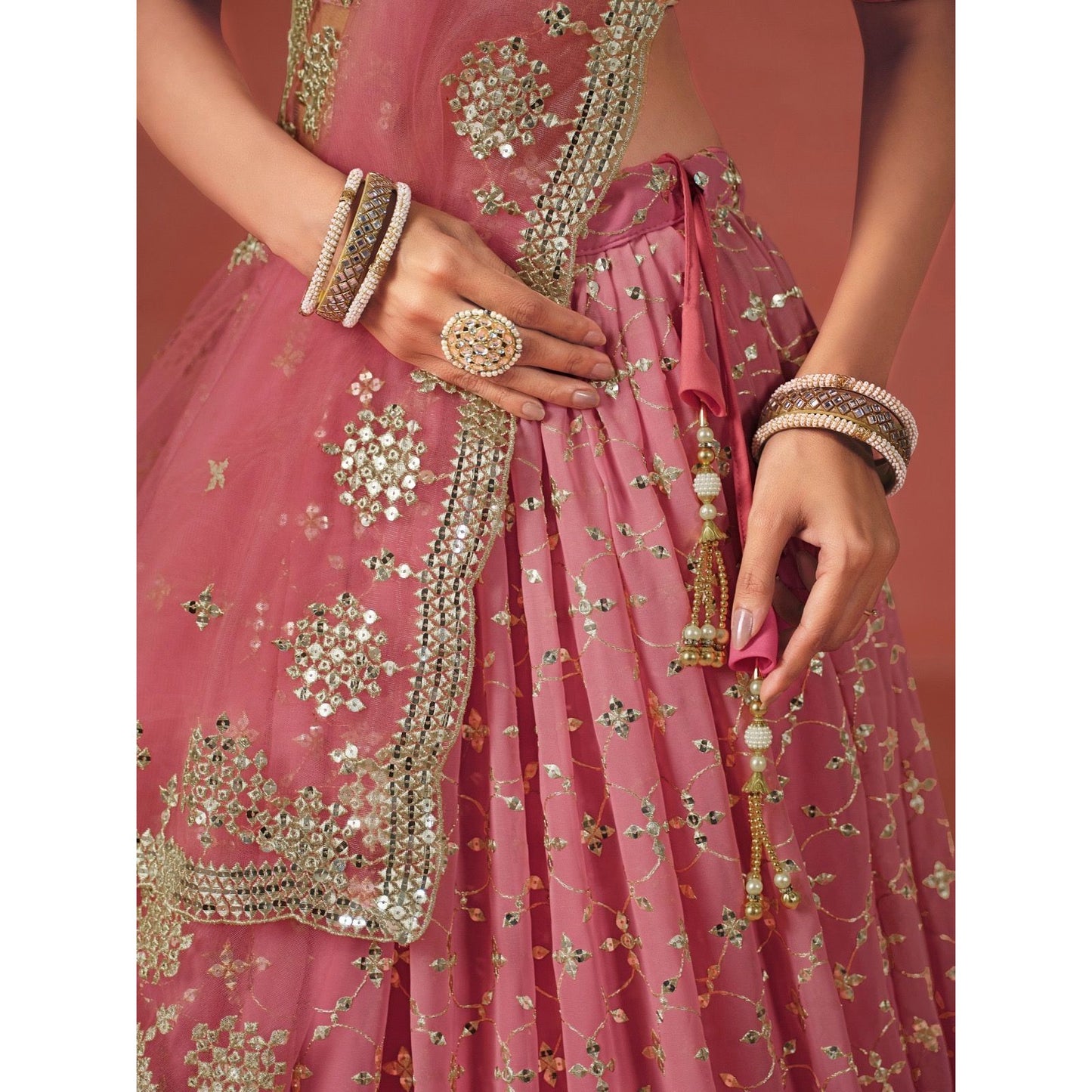 Georgette Lehenga Choli Set with Sequins & Zari Embroidery : Pink (pre order)