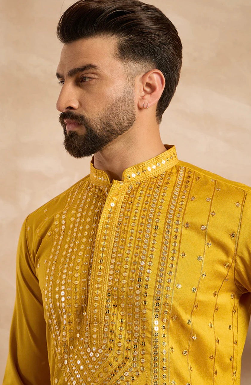 Yellow Silk Blend Geometric Embroidered Straight Kurta