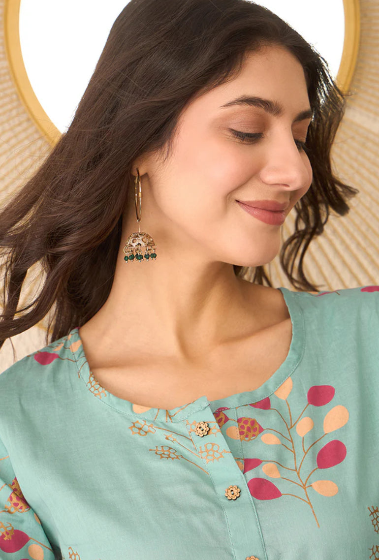 Blue Cotton Blend Floral Printed Top