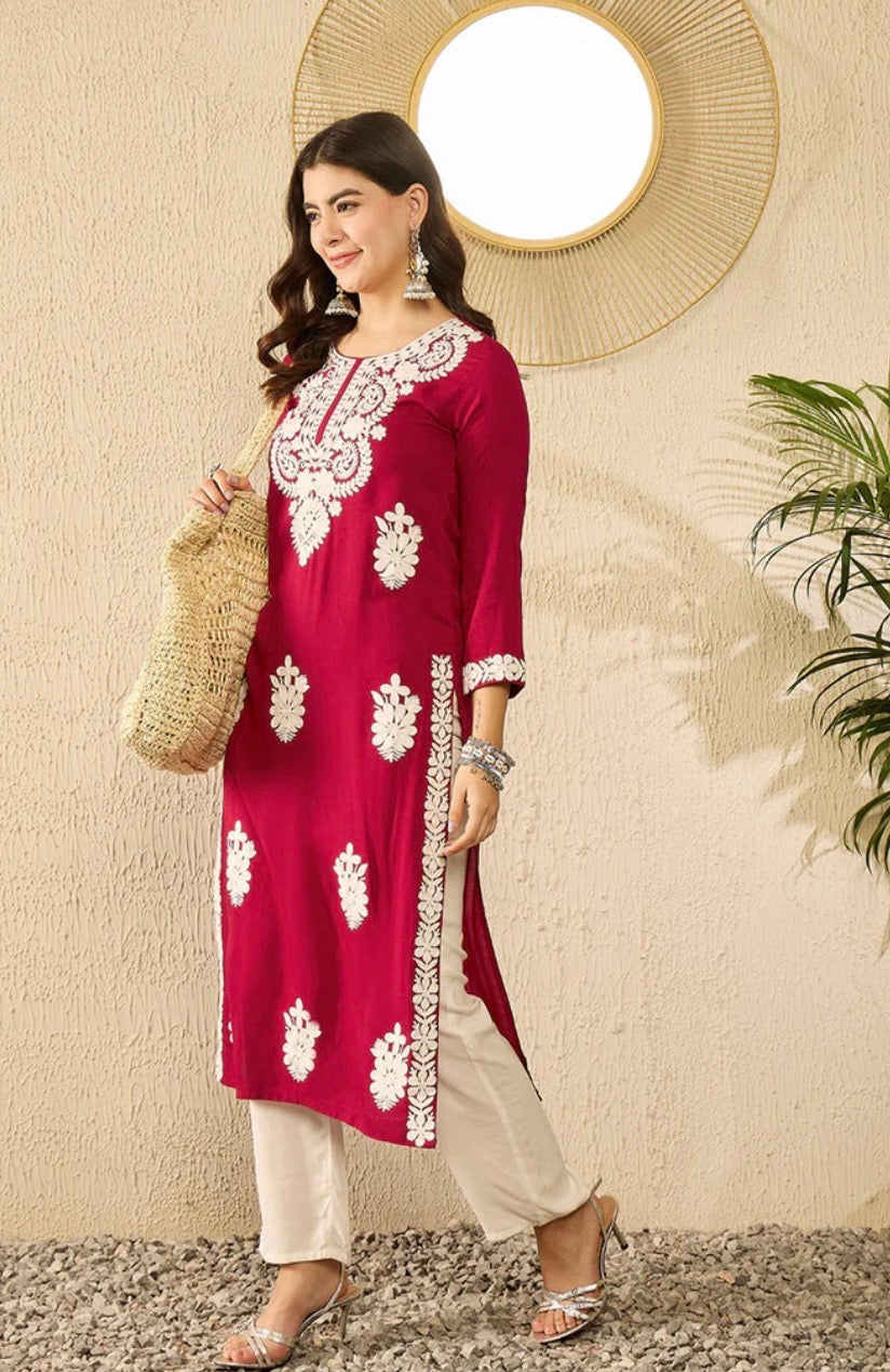 Red Viscose Rayon Solid Embroidered Chikankari Straight Kurta