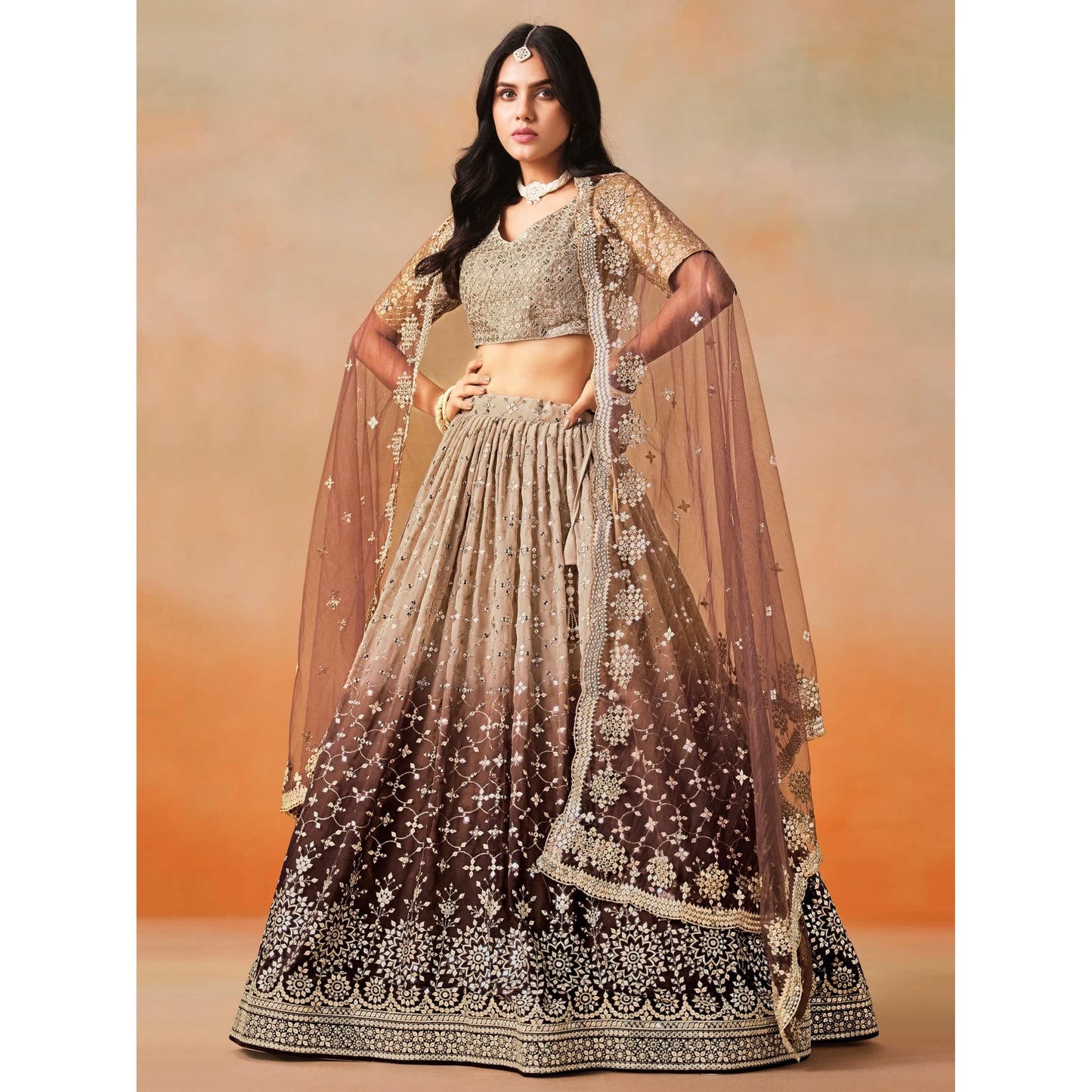 Georgette Sequins Zari Embroidered Lehenga Choli Set (Brown) Pre Order Only
