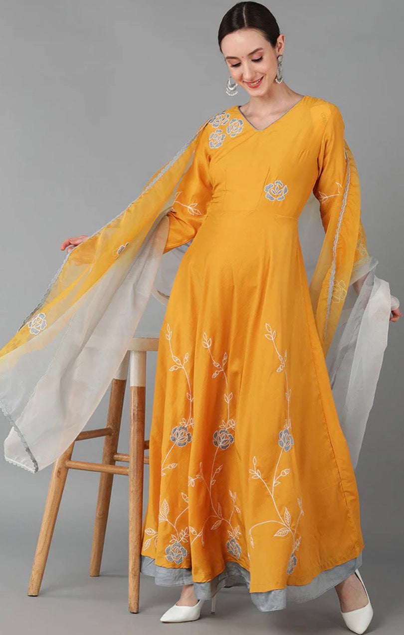 Mustard Silk Blend Flared Kurta With Dupatta
