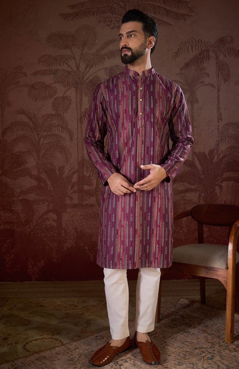 Purple Silk Blend Striped Printed Straight Kurta With Trouser