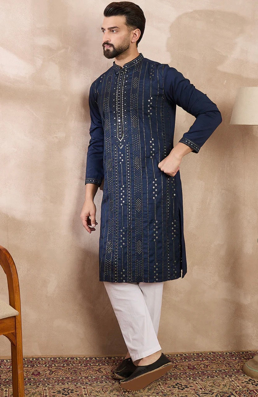 Blue Silk Blend Embroidered Straight Kurta With Trouser