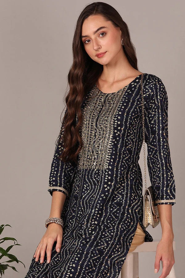 Navy Blue Bandhini Indian Kurti/Kurta