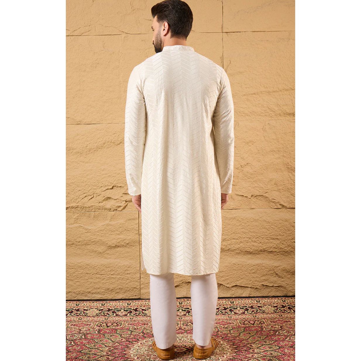 Off White Viscose Rayon Chevron Embroidered Straight Kurta