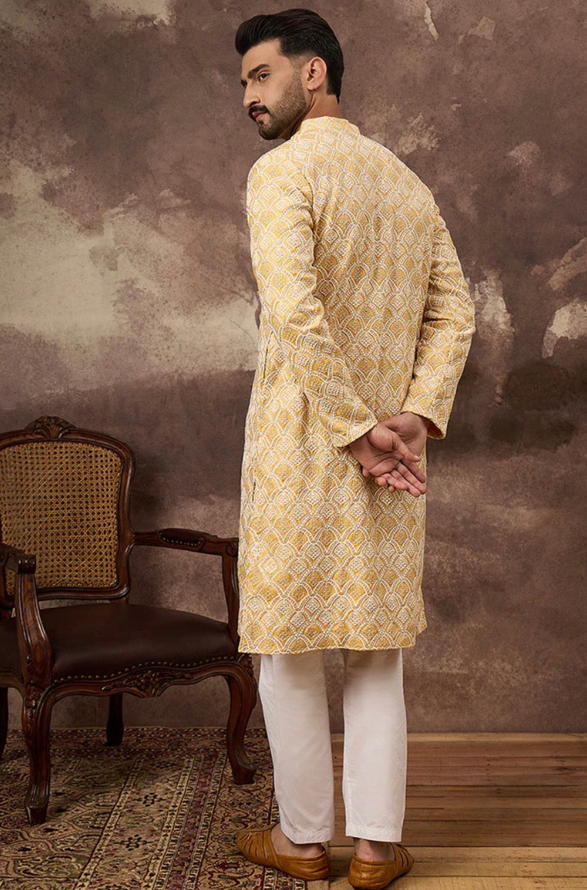 Yellow Viscose Rayon Solid Embroidered Straight Kurta