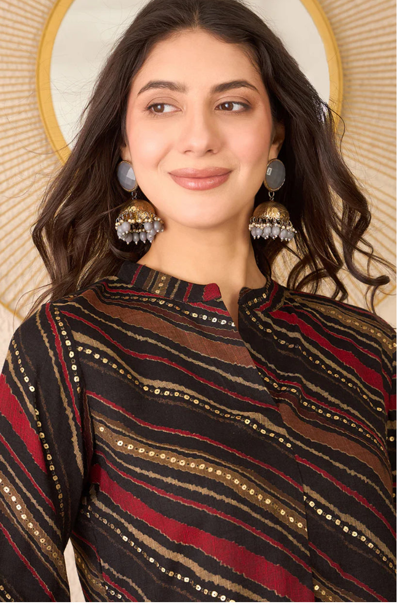 Black Cotton Blend Leheriya Printed Tunic Top