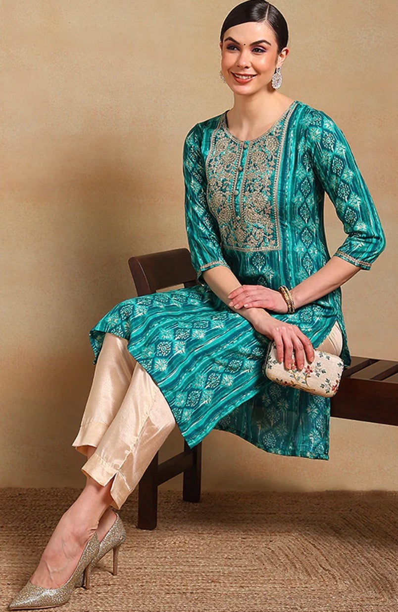 Turquoise Blue Viscose Rayon Ethnic Motifs Printed Straight Kurta