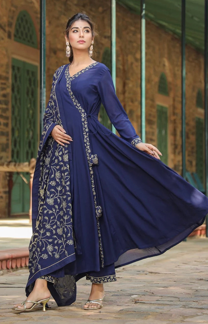 Navy Blue Georgette Angrakha Pant With Dupatta