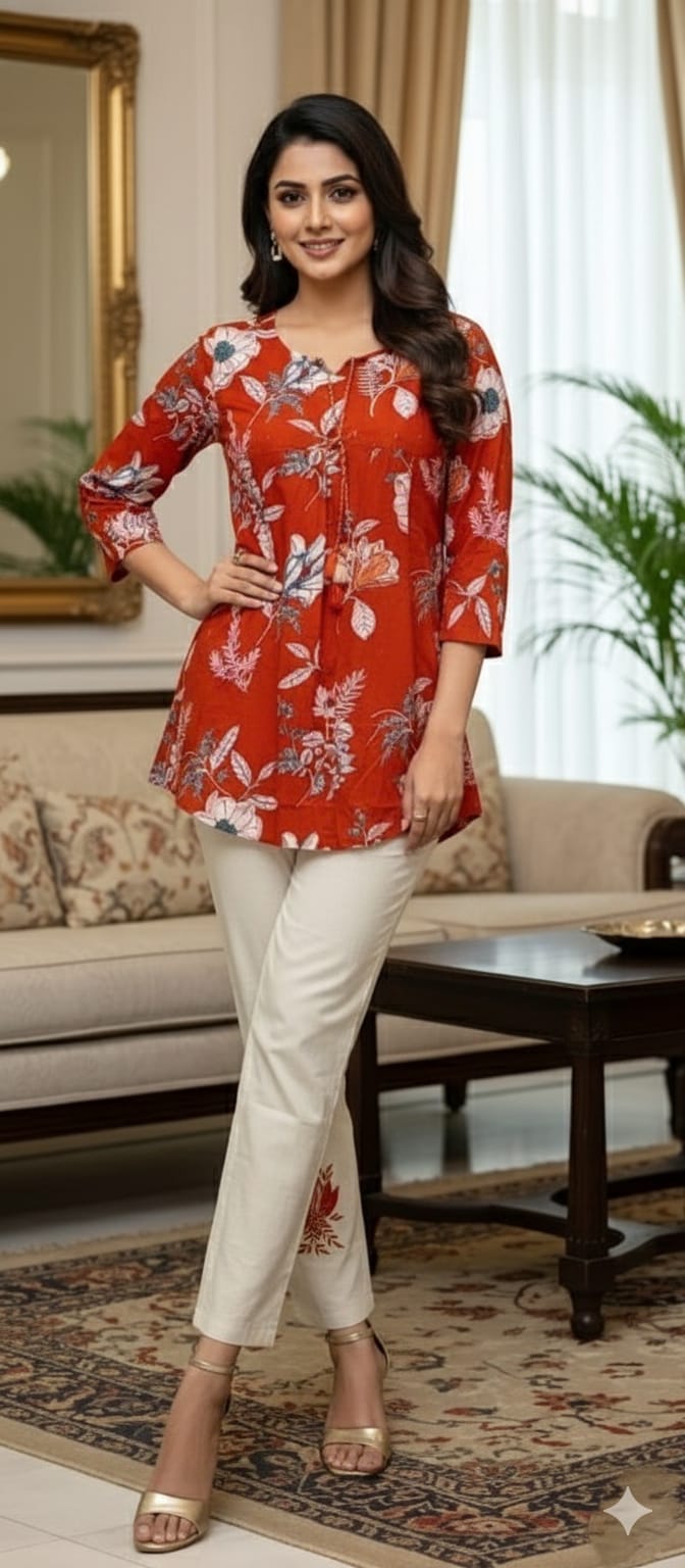 Red Printed Mal Cotton Kurta with Khadi Cotton Pants (Co-Ord Set)