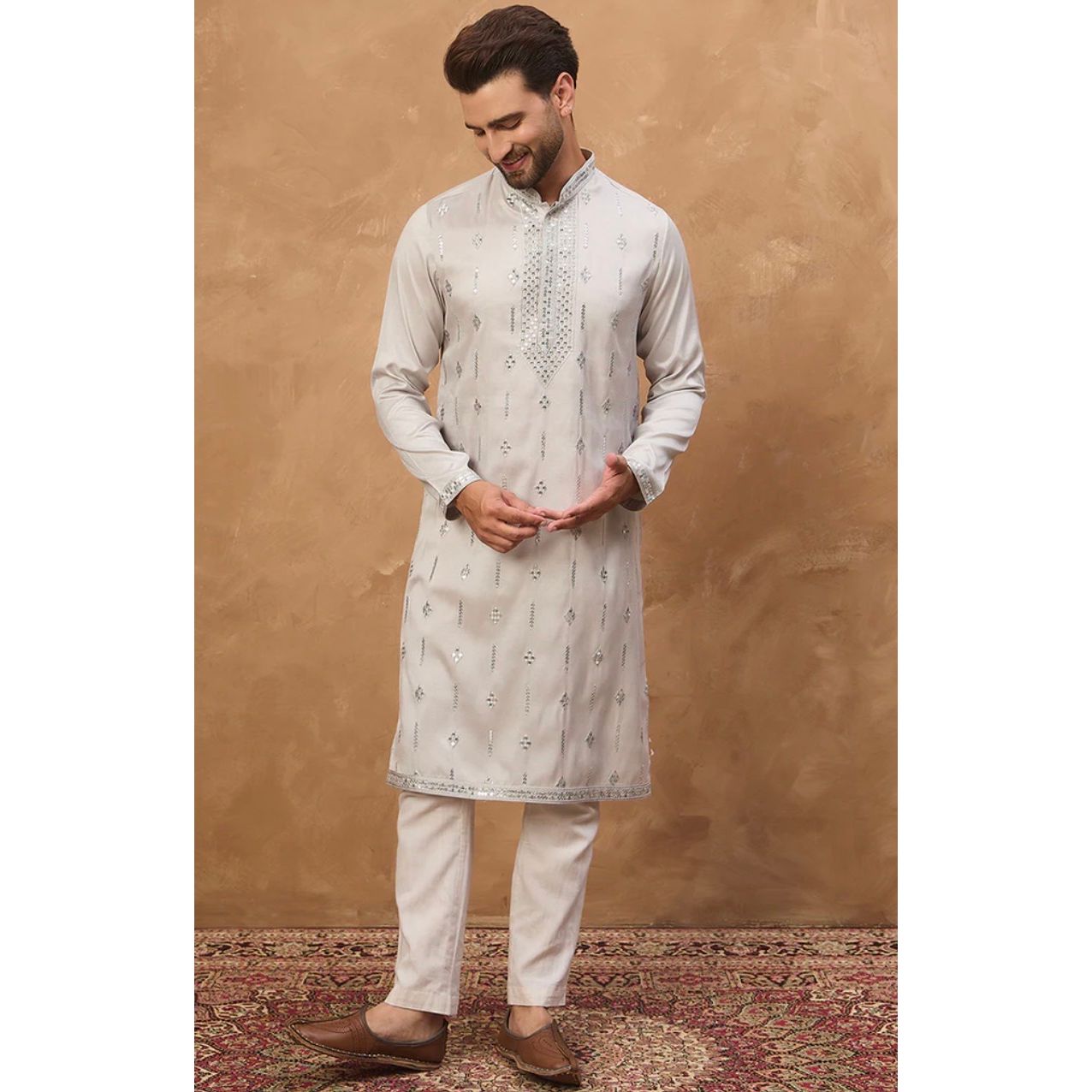 Grey Silk Blend Solid Embroidered Straight Kurta