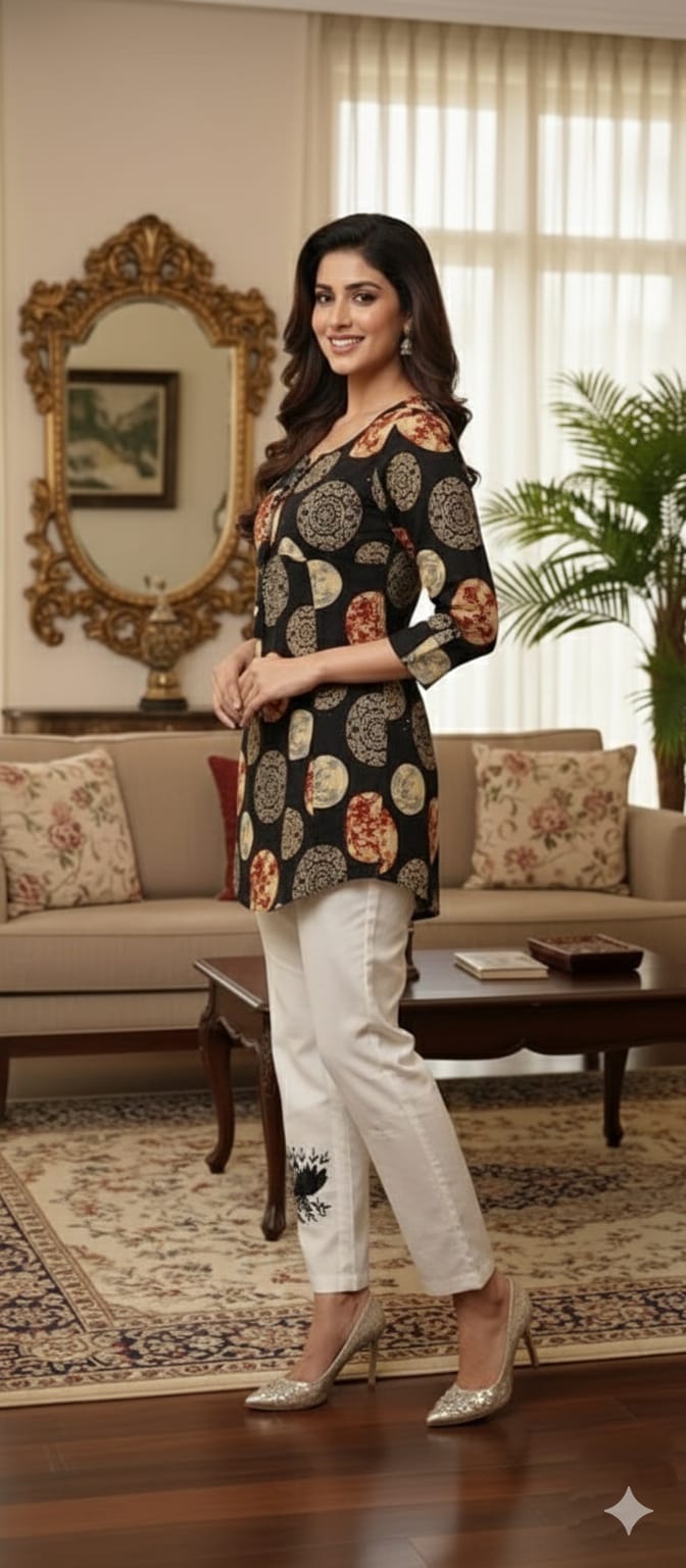 Black Printed Mal Cotton Kurta with Khadi Cotton Pants (Co-Ord Set)