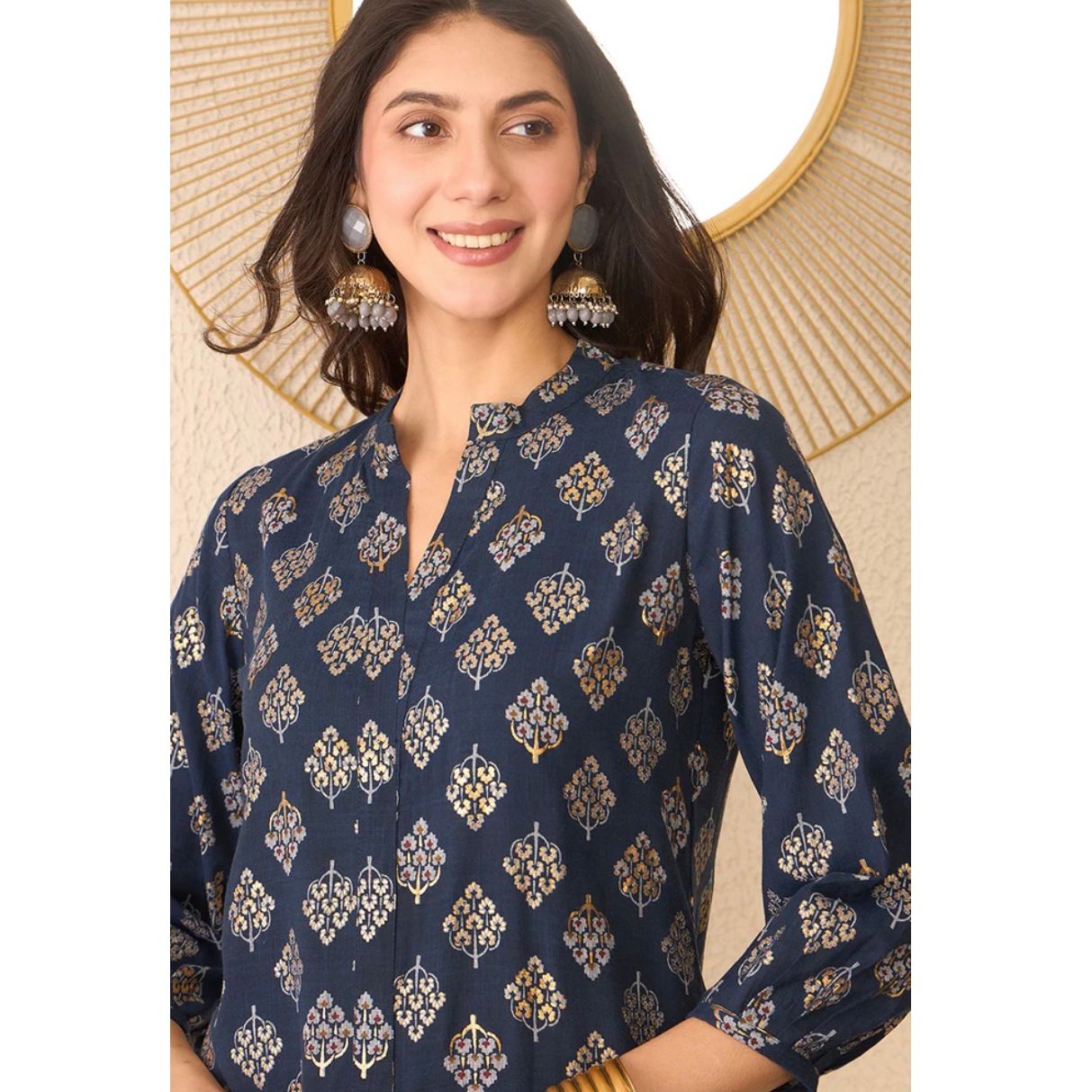 Navy Blue Cotton Blend Floral Printed Regular Top