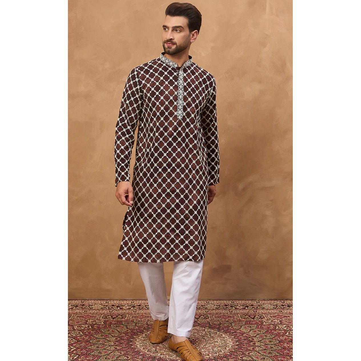 Brown Viscose Rayon Solid Embroidered Straight Kurta